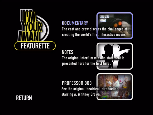I'm Your Man: Special Edition (DVD Player) screenshot: Featurette consisting of documentary, notes and the original instruction video from cinemas