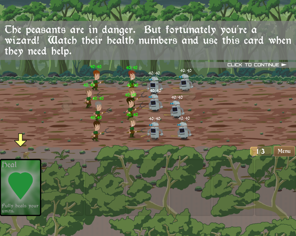 The Trouble with Robots (Windows) screenshot: As the battle starts, a new card item is presented, with a text describing its use. The low right '1/3' indicates the number of enemy waves in the misson. (Demo)