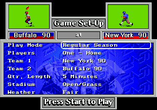 John Madden Football '93: Championship Edition (Genesis) screenshot: The game set-up menu.