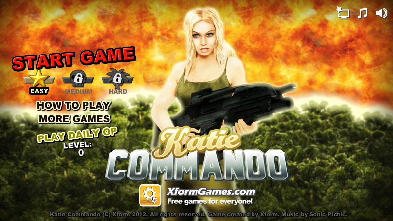 Katie Commando (Browser) screenshot: Title screen / main menu