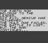 The Incredible Hulk (Game Gear) screenshot: I didn't continue. The Leader rules the Earth.