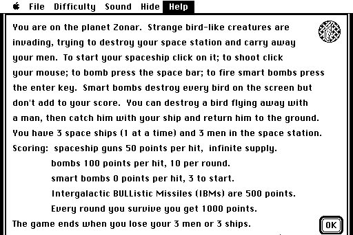 Feathers & Space (Macintosh) screenshot: Help screen