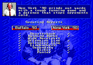 John Madden Football '93: Championship Edition (Genesis) screenshot: John Madden comments about the two teams.