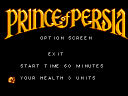 Prince of Persia (SEGA Master System) screenshot: Options screen