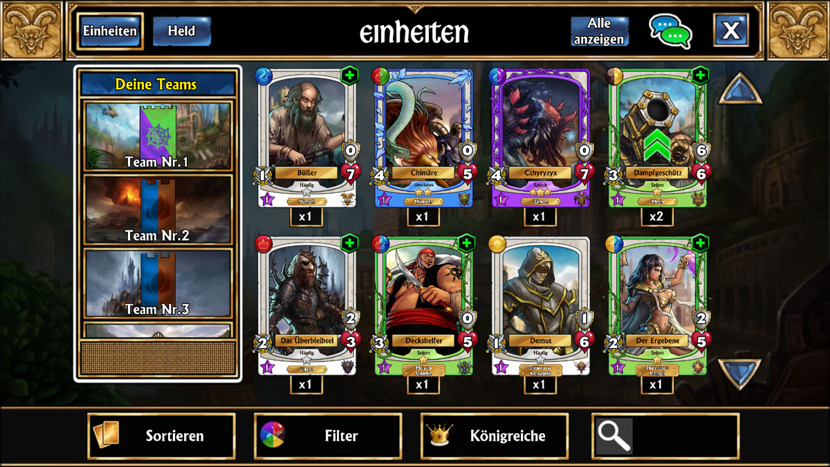 Gems of War (Android) screenshot: The collected cards / units