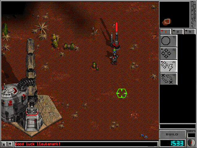 Dark Colony (Covermount Demo Version) (Windows) screenshot: As the mission starts, the Commander is dropped near a beacon.