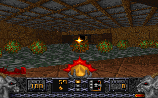 Heretic (DOS) screenshot: These spore-like things are the equivalent of <i>Doom</i>'s barrels.