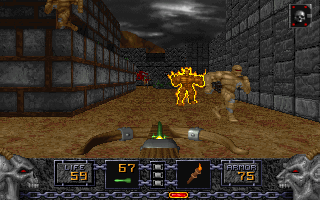Heretic (DOS) screenshot: A NitroGolem about to launch its flaming skull attack.