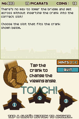 Professor Layton and the Curious Village (Nintendo DS) screenshot: One of the easier puzzles from very early in the game. Don't count on them staying that way for long.