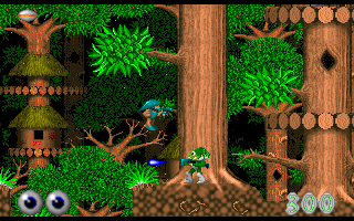 Guimo (Beta Version) (DOS) screenshot: Enemies jump around and may get hard to hit.