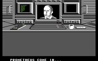 Project Firestart (Commodore 64) screenshot: From the intro. Contact is lost with the space-ship Prometheus, because it's been taken over by mutants.