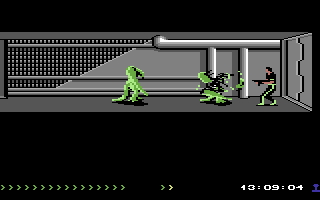 Project Firestart (Commodore 64) screenshot: Killing a mutant. You have very limited ammo, just like in many other survival horror games.