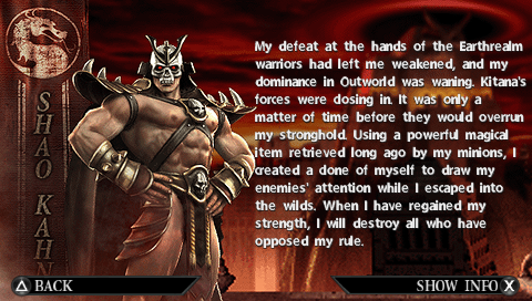 Mortal Kombat: Unchained (PSP) screenshot: Fighter bio