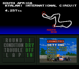 F1 Pole Position (SNES) screenshot: Menu before a race