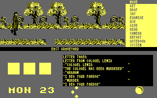 The Mystery of Arkham Manor (Amstrad CPC) screenshot: Perhaps I'll talk to the graveyard keeper.