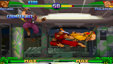 Street Fighter Alpha 3 Max (PSP) screenshot: Akuma, Rolento vs Rolento -- dramatic battle (2 vs 1)