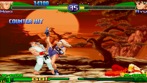 Street Fighter Alpha 3 Max (PSP) screenshot: Maki vs Ryu, Ken -- reverse dramatic battle (1 vs 2)