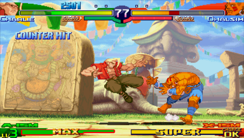 Street Fighter Alpha 3 Max (PSP) screenshot: Charlie vs Dhalsim