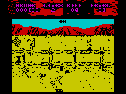 Shoot-Out (ZX Spectrum) screenshot: Level 1, 1st part: Shooting cans<br> Hitting a can.