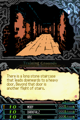 The Dark Spire (Nintendo DS) screenshot: This might look like something out of an NES game, but the corridor on the top screen is in fact realtime cellshaded 3D.
