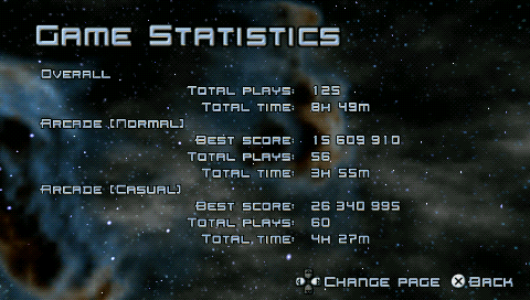 Super Stardust Portable (PSP) screenshot: One of the many screens of game statistics