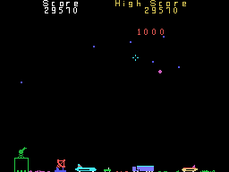 Barrage (TI-99/4A) screenshot: Getting bonus points when taking out multiple balls in one shot