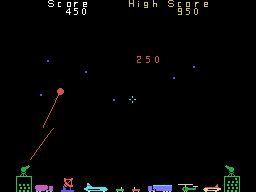Barrage (TI-99/4A) screenshot: Blasting away at the acid balls