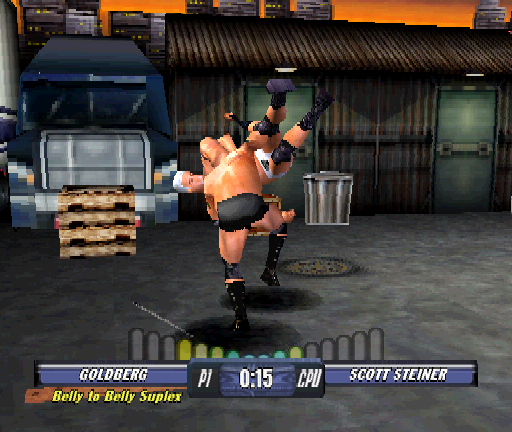 WCW Backstage Assault (PlayStation) screenshot: Goldberg getting it on with a Belly to Belly Suplex