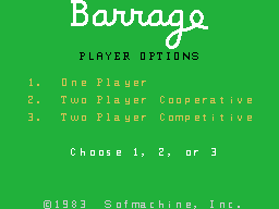 Barrage (TI-99/4A) screenshot: Main menu