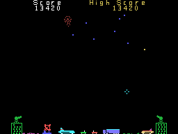 Barrage (TI-99/4A) screenshot: The yellow ones are very fast