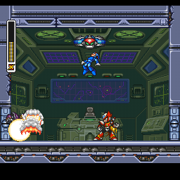 Mega Man X3 (PlayStation) screenshot: Blowing the first mini-boss to pieces.