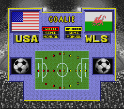Champions World Class Soccer (SNES) screenshot: Is the goalie control automatic, semi-automatic or manual?
