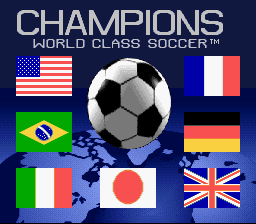 Champions World Class Soccer (SNES) screenshot: Title screen (The Japanese version is the same except the Canadian flag is replaced with a Japanese flag.)