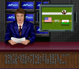 Champions World Class Soccer (SNES) screenshot: The announcer telling everyone about the Welsh victory.