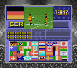 Champions World Class Soccer (SNES) screenshot: Select your team.