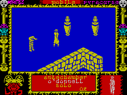 Pyracurse (ZX Spectrum) screenshot: Guiding O'Donnell around a wall