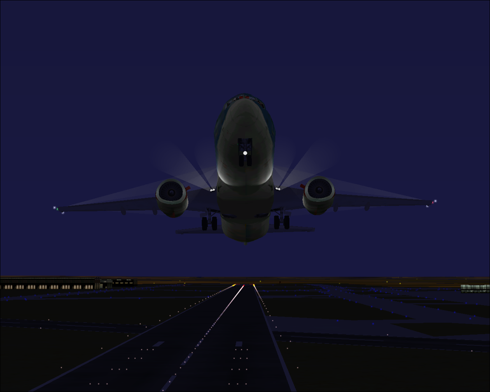 737-400: Greatest Airliners - Special Edition (Windows) screenshot: BMI taking off from Heathrow. Nightlights on.