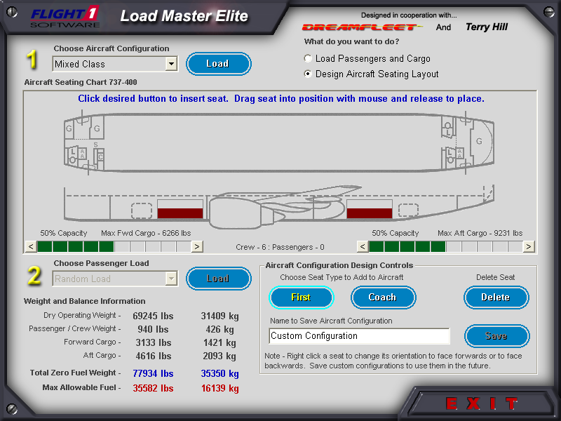 737-400: Greatest Airliners - Special Edition (Windows) screenshot: Loadmanager, used for setting up custom seats and cargo. (the default body has no seats allocated)