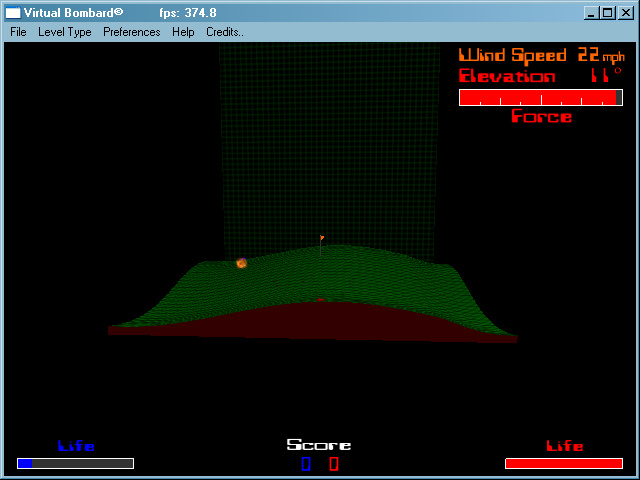 Virtual Bombard (Windows) screenshot: The fired missile lands and explodes. A barrier becomes momentarily visible on the edge of the playfield.