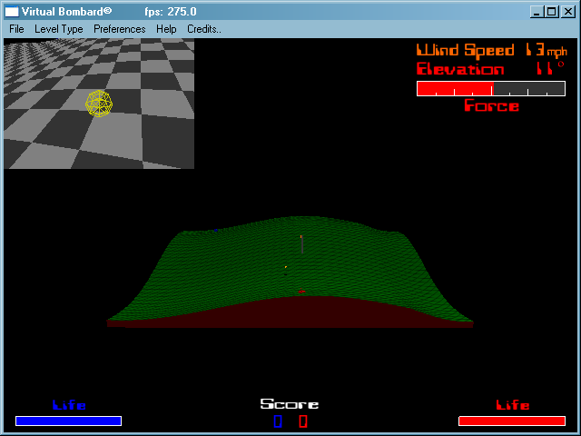 Virtual Bombard (Windows) screenshot: Firing a shot. The missile in flight is shown in an inset image.