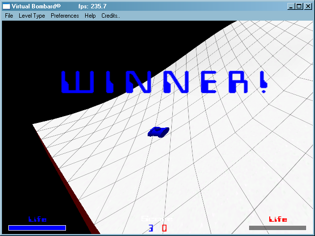 Virtual Bombard (Windows) screenshot: The blue tank is declared the winner after three victories