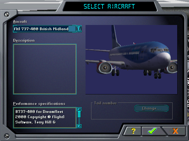 737-400: Greatest Airliners - Special Edition (Windows) screenshot: Aircraft selection in FS2002; this is the only version, unless you made some others with the TextoMatic tool.