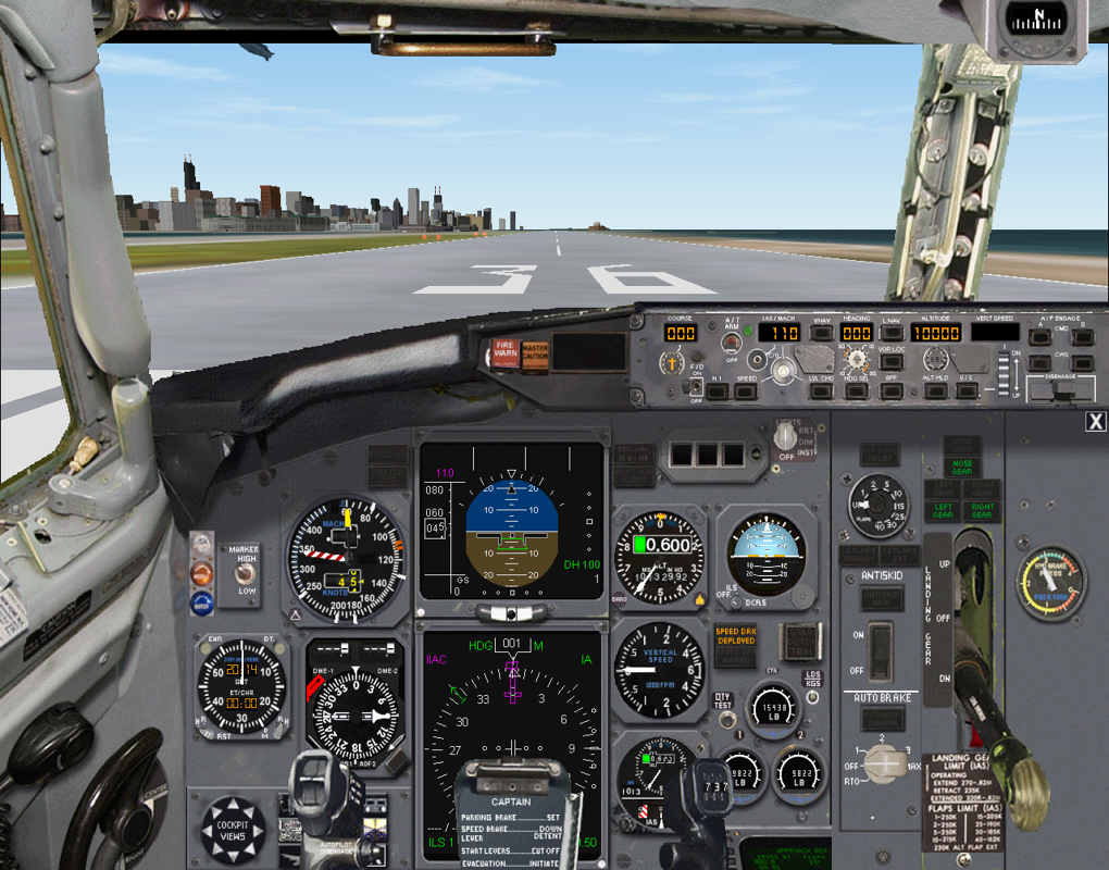 737-400: Greatest Airliners - Special Edition (Windows) screenshot: Landing gear panel open on lower right. The gear does not animate on this aircraft, it's either in or out.