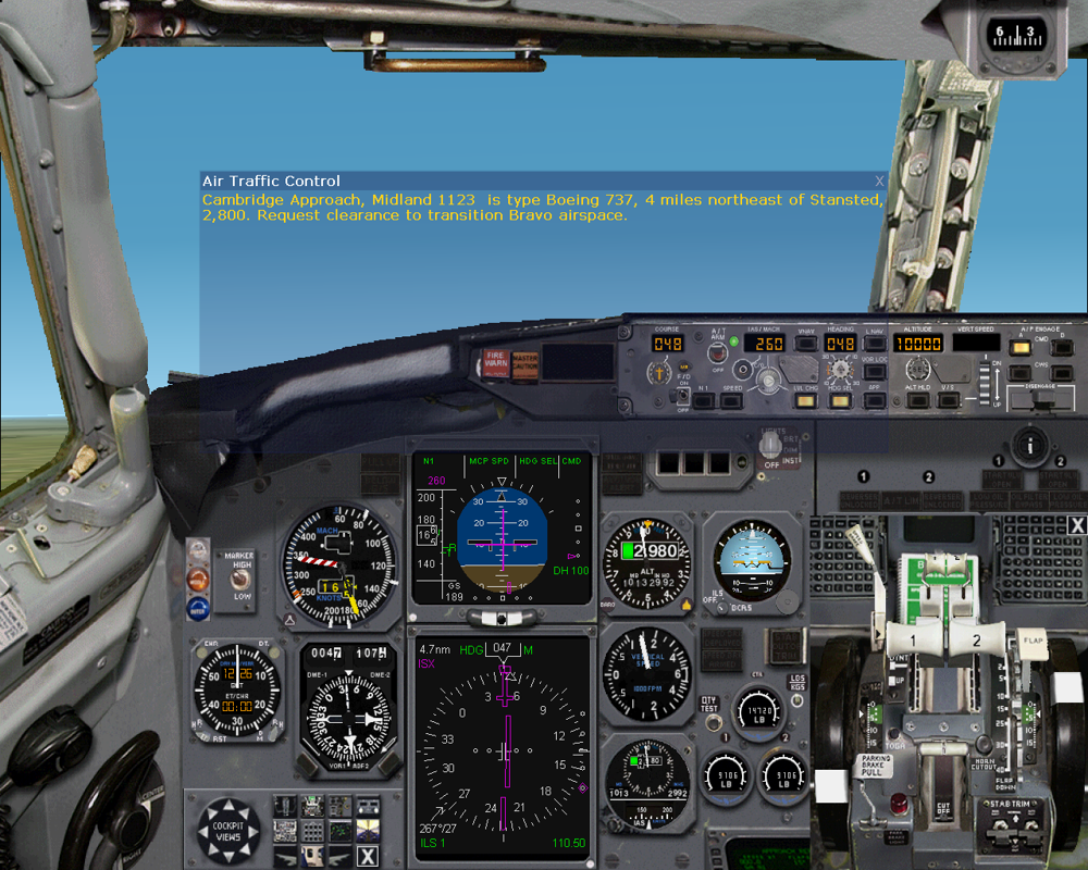 737-400: Greatest Airliners - Special Edition (Windows) screenshot: Throttle quadrant open on lower right.
