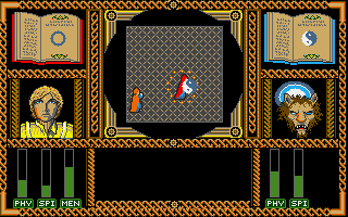 Wizard Warz (Amiga) screenshot: Combat with a wolf wizard