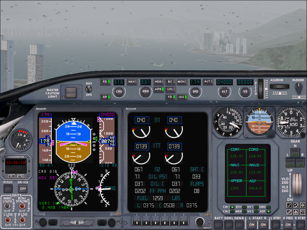Hong Kong for Microsoft Flight Simulator 2004 (Windows) screenshot: Runway showing ahead through the rain.