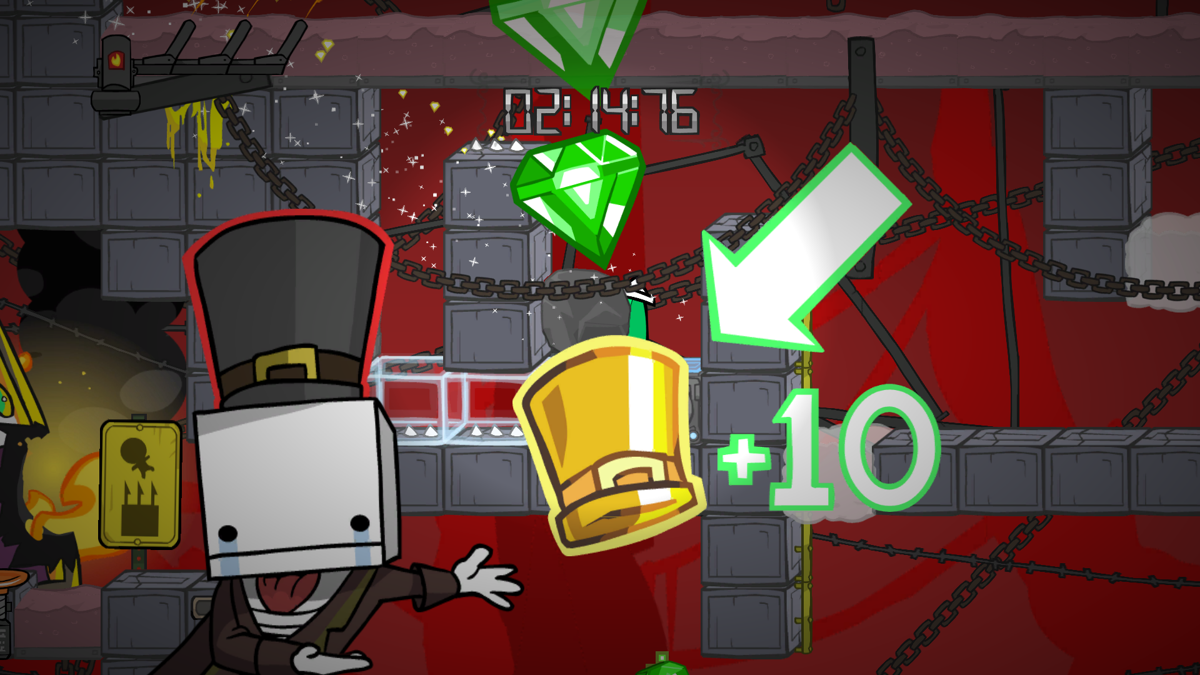 BattleBlock Theater (Windows) screenshot: From time to time a golden hat will appear randomly in a level. Bring it to the exit to get +10 gems