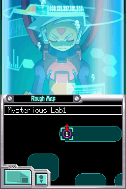 Mega Man ZX Advent (Nintendo DS) screenshot: Mysterious Lab1. Appropriate place for Mysterious Character1 to be stuck into Mysterious Tube1.