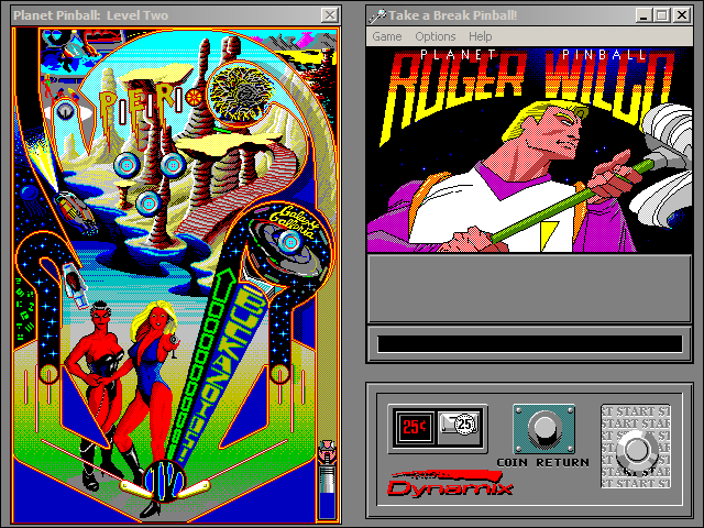 Take a Break! Pinball (Windows 3.x) screenshot: The second Space Quest table, including a virtual coin.