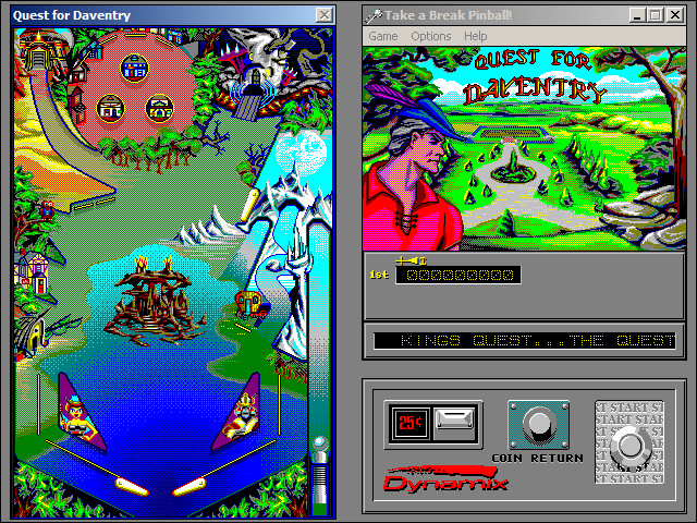 Take a Break! Pinball (Windows 3.x) screenshot: The King's Quest table - King's Quest V, it seems, to be more precise... But I can't help how much the upper left corner reminds me of a ski jumping hill (another passion/hobby/mania of mine)...